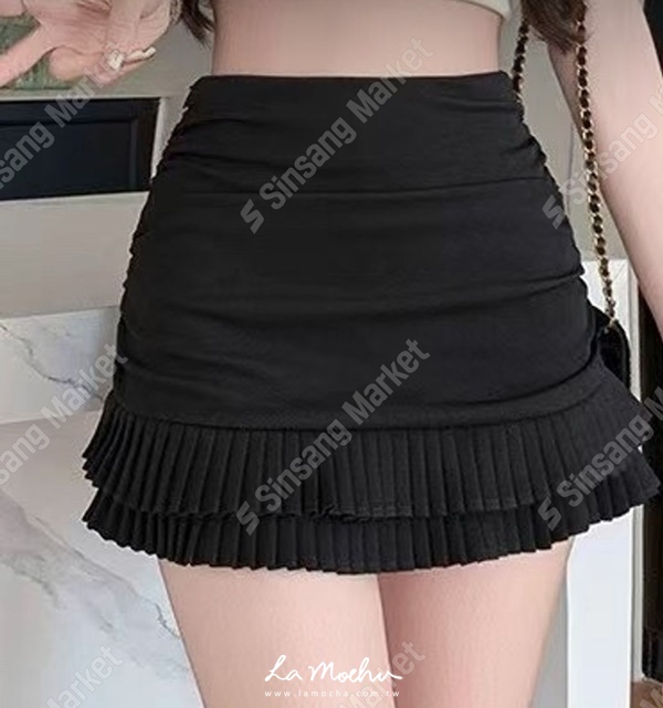 高腰側抓皺蛋糕短褲裙